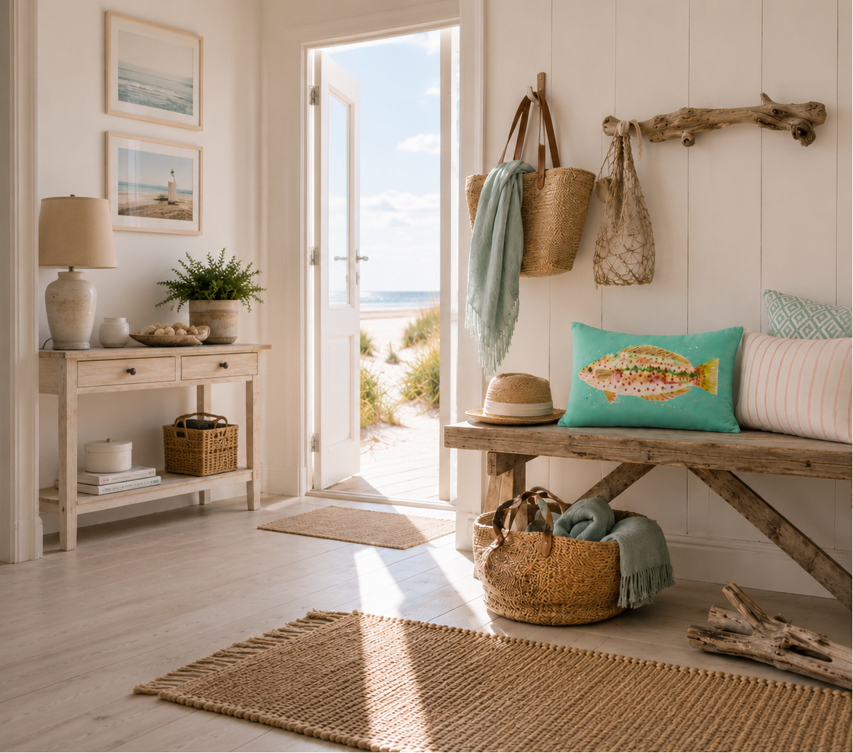 Heller Eingangsbereich einer gemütlichen Ferienwohnung im skandinavischen Landhausstil mit natürlichen Materialien, maritimen Details und dekorativen Kissen.