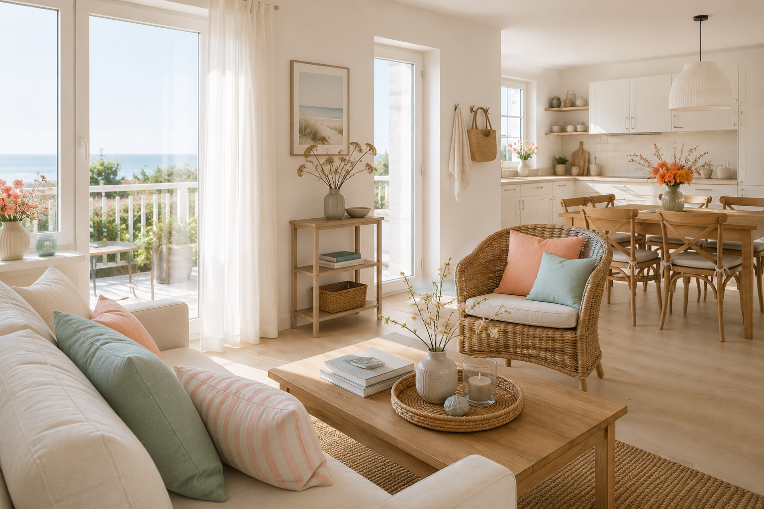 Heller Wohn- und Essbereich einer gemütlichen Ferienwohnung mit offener Küche, skandinavischem Landhausstil, natürlichen Materialien und harmonisch abgestimmten Kissen.