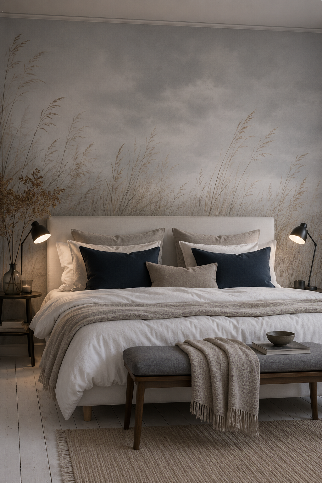 Wohninspiration mit graphitblauen Samtkissen auf einem hellen Bett, kombiniert mit Taupe, Beige und einer dezenten Wolkentapete – Kollektion Schwalbe & Nebelblau.