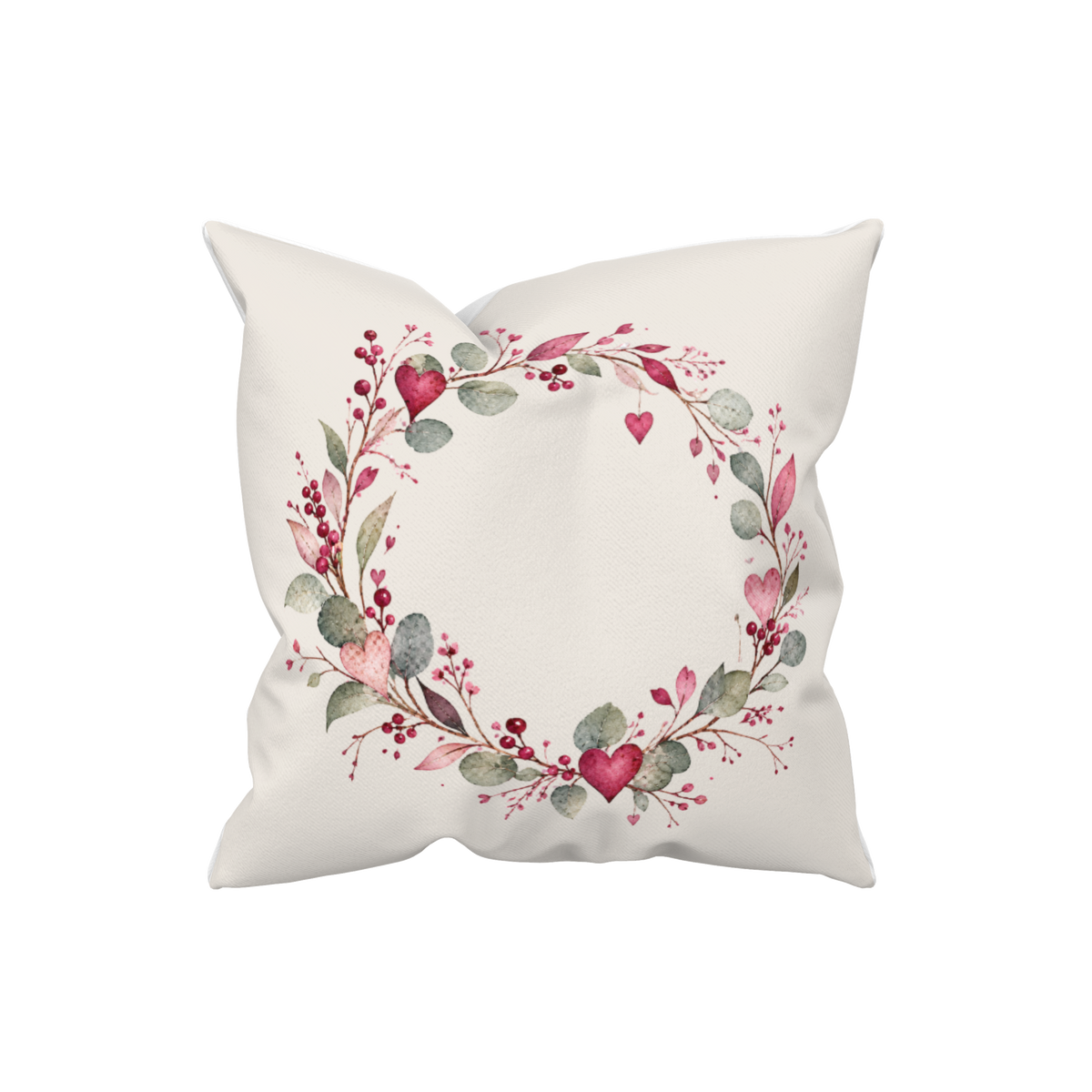 Sandbeiges Dekokissen mit zartem Aquarellkranz aus grünen Blättern, roten Beeren und kleinen rosa Herzen – Herzkranz Beige von Kissenglück.