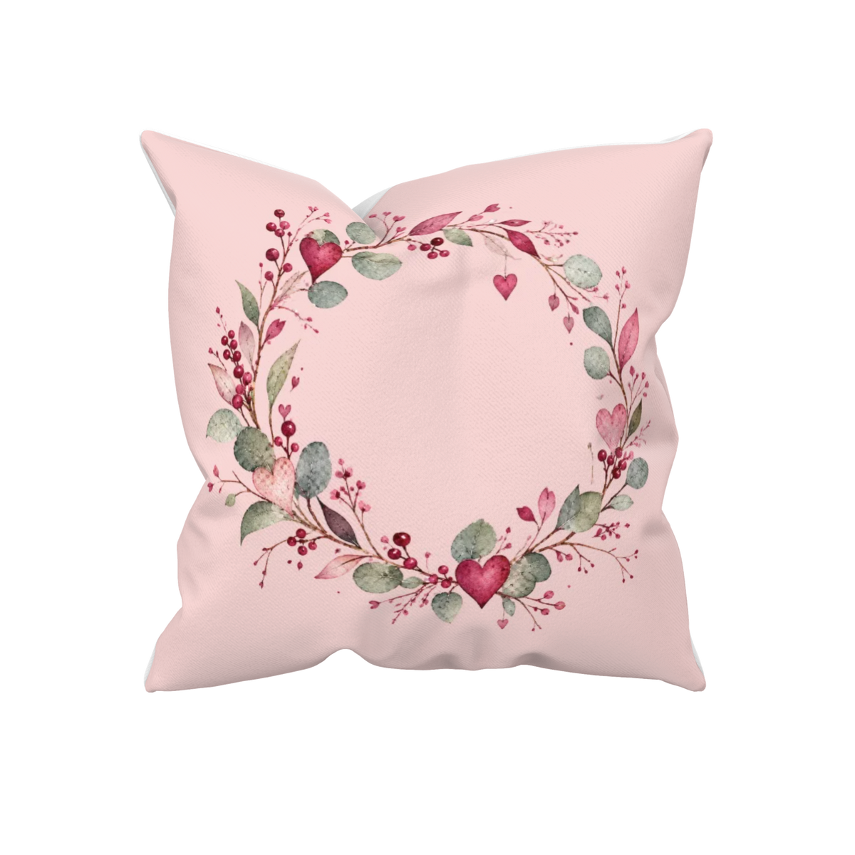 Rosa Dekokissen Herzkranz 40x40 mit Aquarellkranz, roten Herzen und grünen Blättern – Kissenglück
