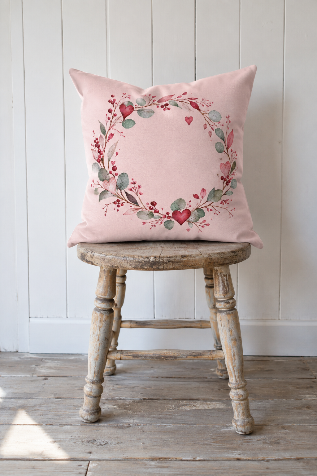 Rosa Herzkranz-Kissen mit Aquarellmotiv auf altem Holzhocker im skandinavischen Landhausstil – Kissenglück