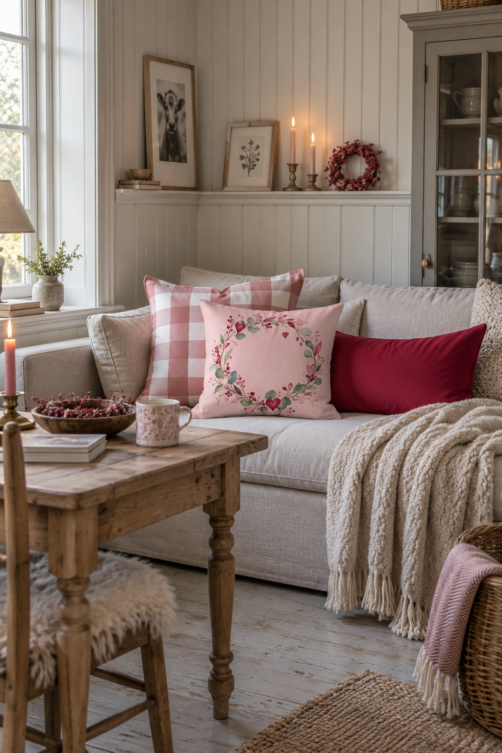 Rosa Herzkranz-Kissen mit Karo- und himbeerrotem Kissen in einem gemütlichen Wohnzimmer im skandinavischen Hygge-Landhausstil – Kissenglück
