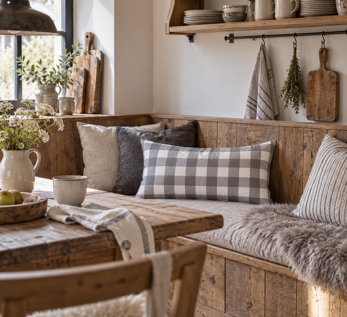 Kariertes Kissen in Grau und Weiß auf einer rustikalen Sitzbank in der Küche – längliches Dekokissen im modernen Landhausstil