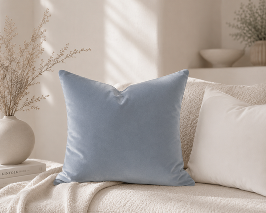 Einfarbiges Samtkissen in Nebelblau auf einem hellen Sofa als ruhige Wohninspiration aus der Kollektion Schwalbe & Nebelblau.
