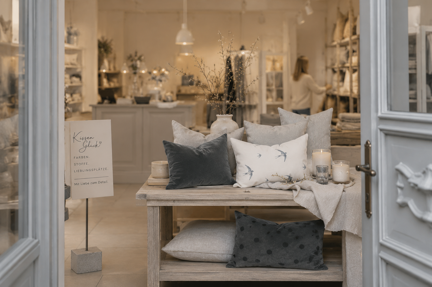 In einem Concept Store  sind Schwalbenkissen, Premiumsamt und Leinen zu einer ruhigen Kissenkollektion kombiniert. Die hochwertige Präsentation zeigt, wie harmonisch aufeinander abgestimmte Dekokissen einen Raum wirken lassen.