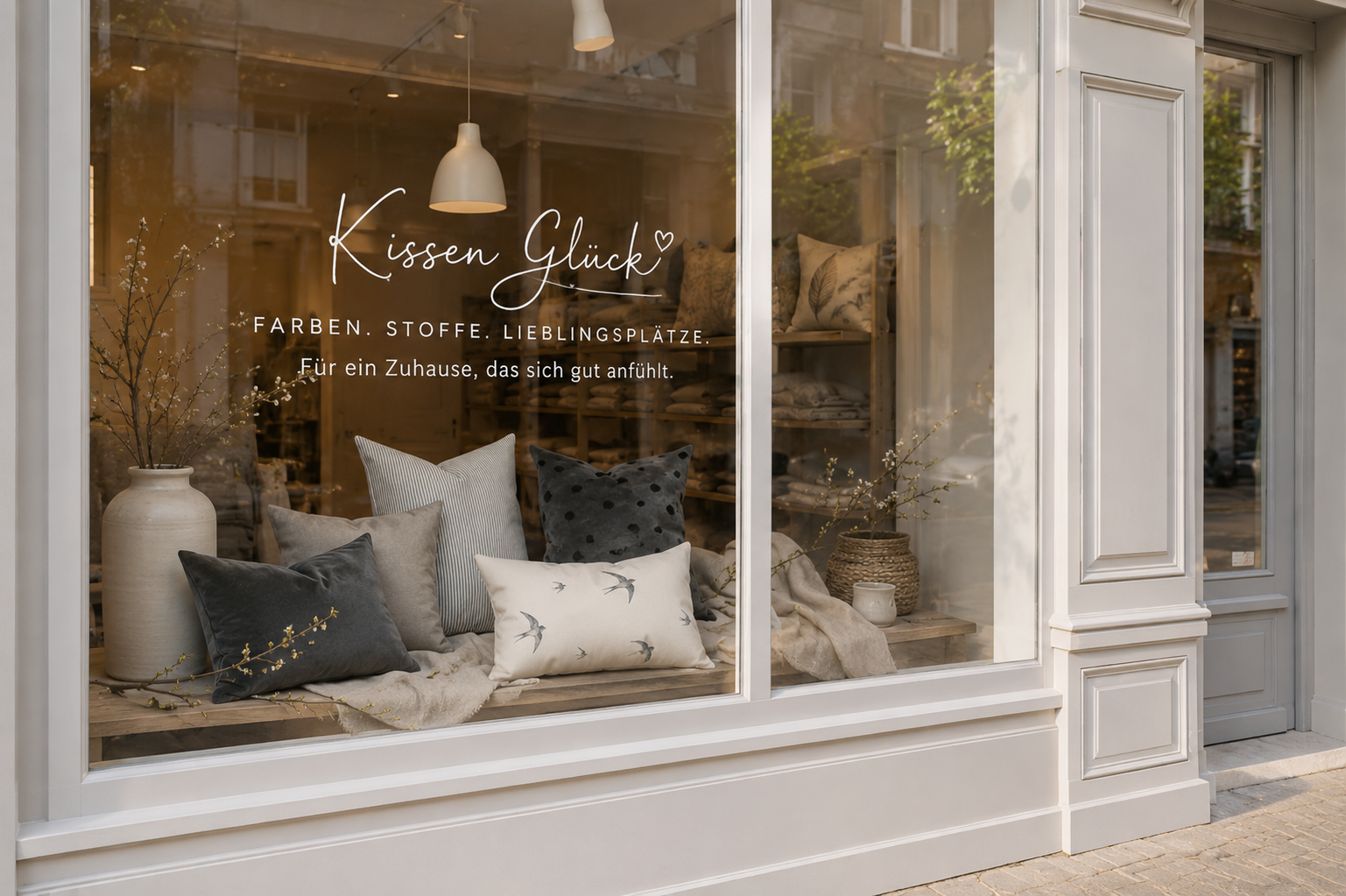Schaufenster von Kissenglück mit einer individuell gestalteten Kissenkollektion für Geschäfte, Hotels und besondere Räume. Zeitlose Designkissen aus Leinen und Premiumsamt in einem hellen skandinavischen Ambiente.