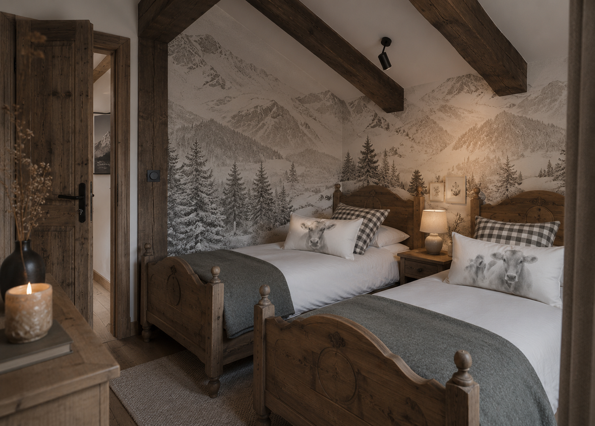 Kuhkissen mit Aquarell-Kuhmotiv in modernem Schlafzimmer im Alpenstil mit Holzbett und Bergpanorama