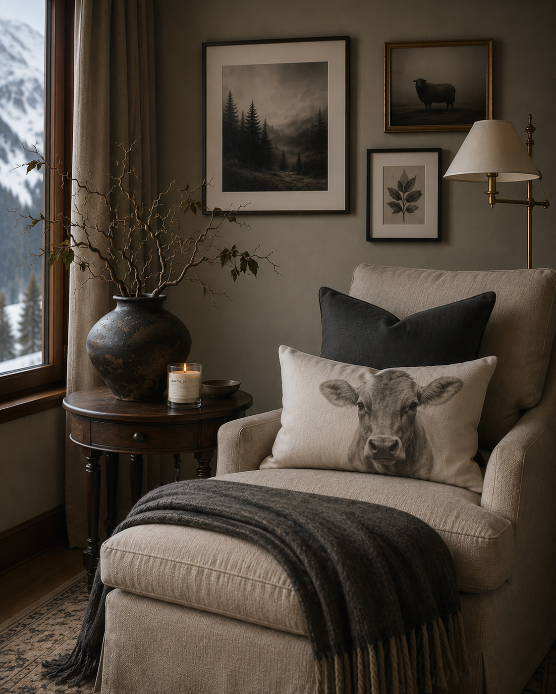 Kuhkissen mit Aquarell-Kuhmotiv im gemütlichen Wohnzimmer mit Sessel – modernes Dekokissen im stilvollen Alpenlook