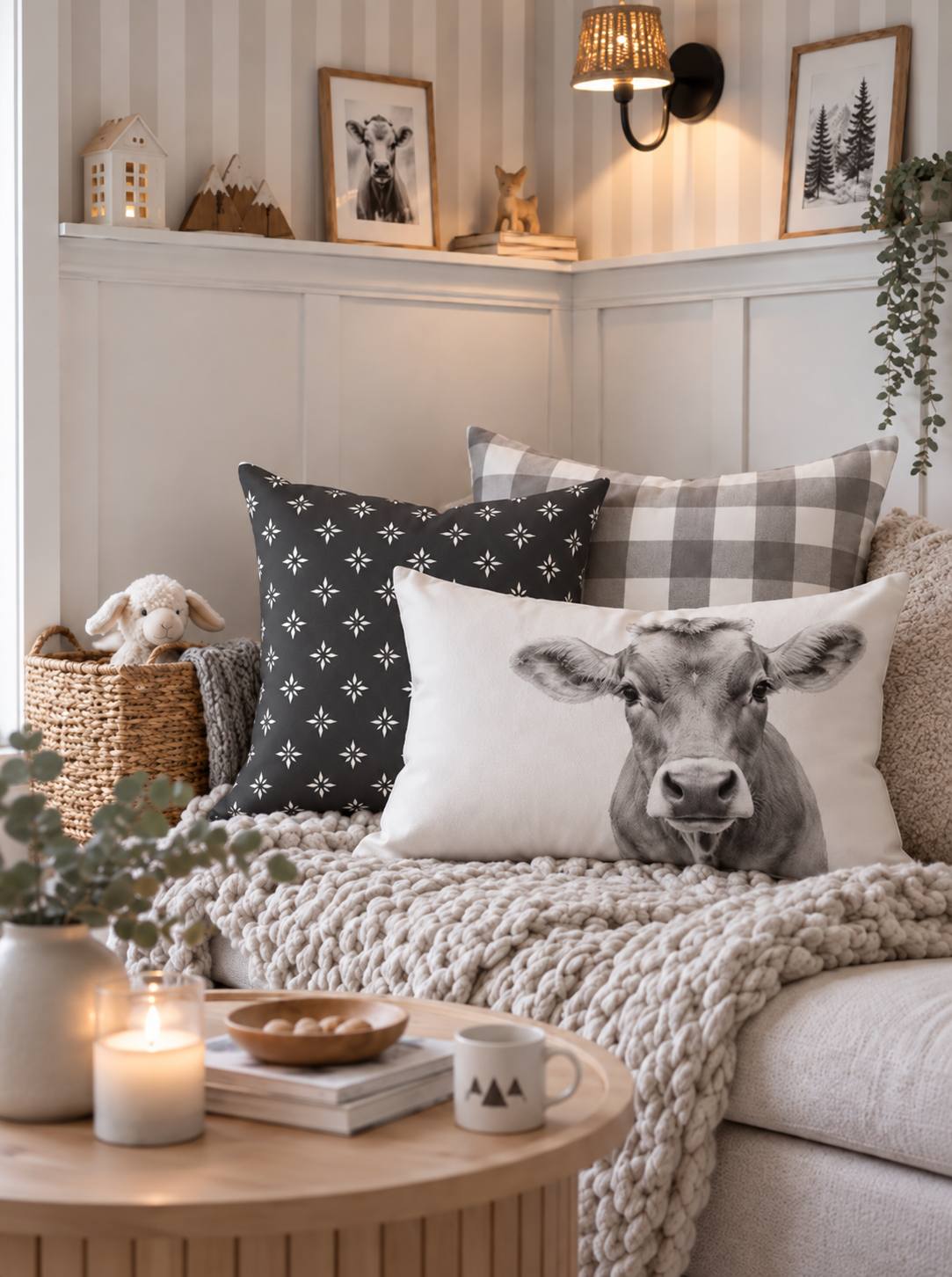 Nordstern Kissen in Anthrazit und Weiß kombiniert mit Kuhkissen und Karo-Kissen auf hellem Sofa – Kissenkombination im modernen Landhausstil