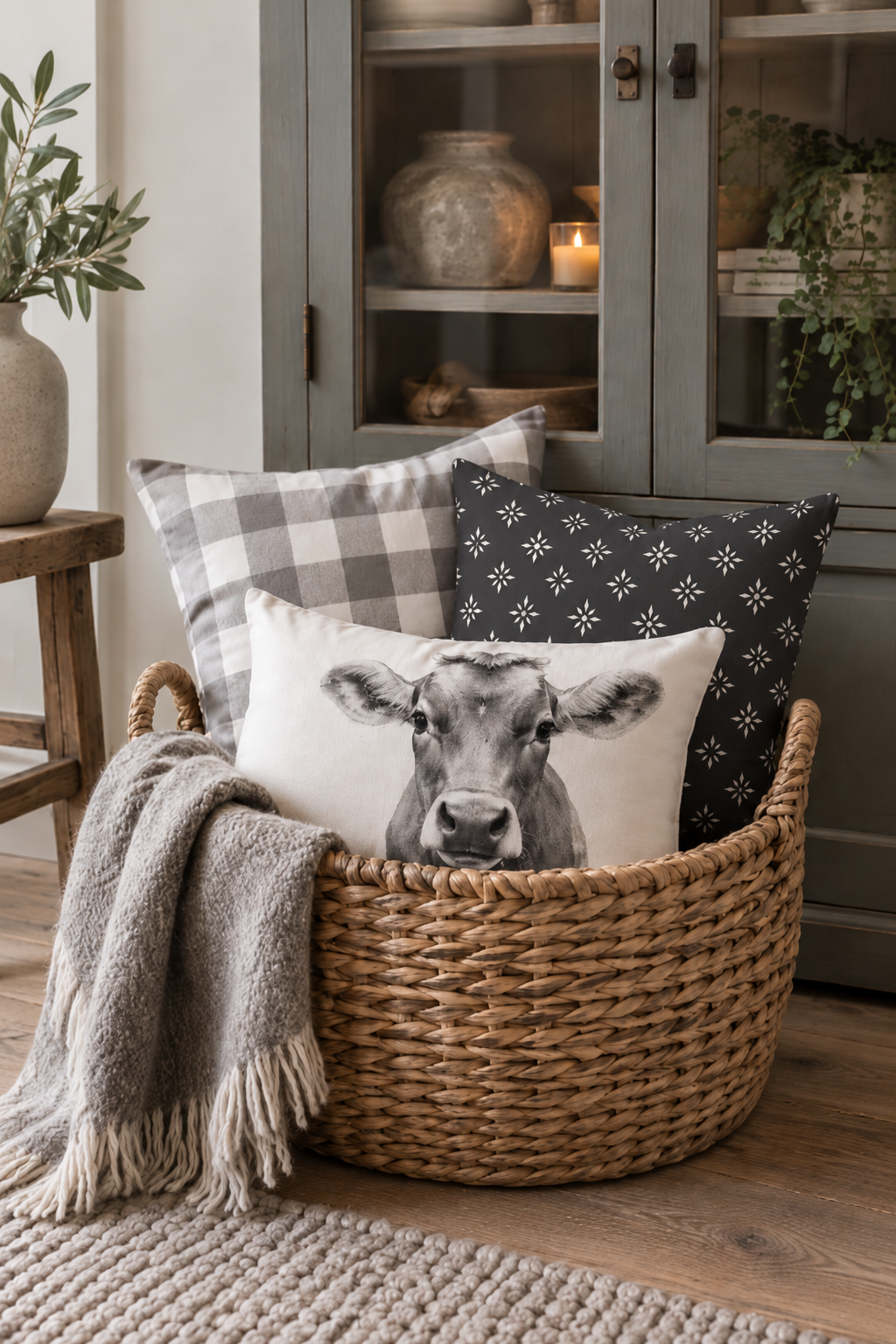 Nordstern Kissen in Anthrazit und Weiß mit Kuhkissen und Karo-Kissen im Weidenkorb – Kissenkombination im modernen Landhausstil von Kissenglück