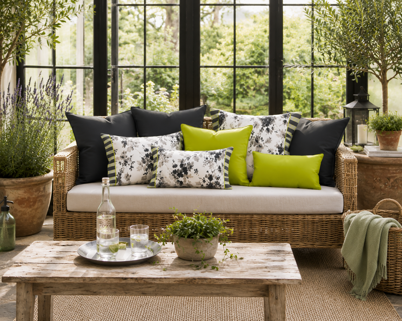Kombination aus floralen Outdoor-Kissen in Grau-Weiß und limegrünen Dekokissen auf einer gemütlichen Rattan-Lounge im Wintergarten. Moderne Gartenkissen für Terrasse, Veranda und Outdoor-Wohnzimmer.