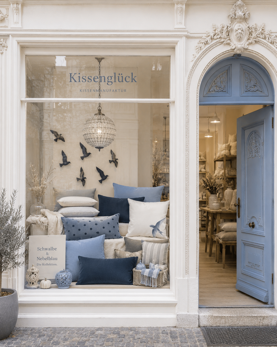 Schaufenster der Kissenglück Kissenmanufaktur mit der Kollektion Schwalbe & Nebelblau, dekoriert mit Designkissen in Blau, Weiß und Naturtönen.