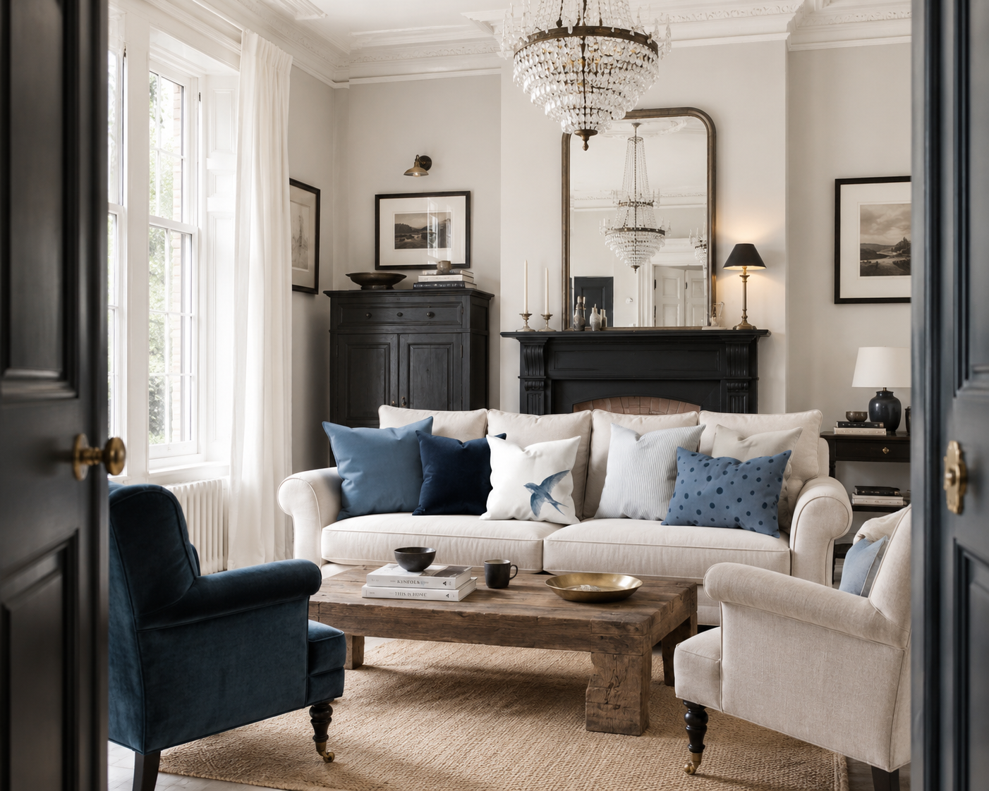 Wohnzimmer im klassischen Landhausstil mit Kissen aus der Kollektion Schwalbe & Nebelblau auf einem hellen Sofa, kombiniert mit Baumwoll- und Samtkissen in abgestimmten Blautönen.