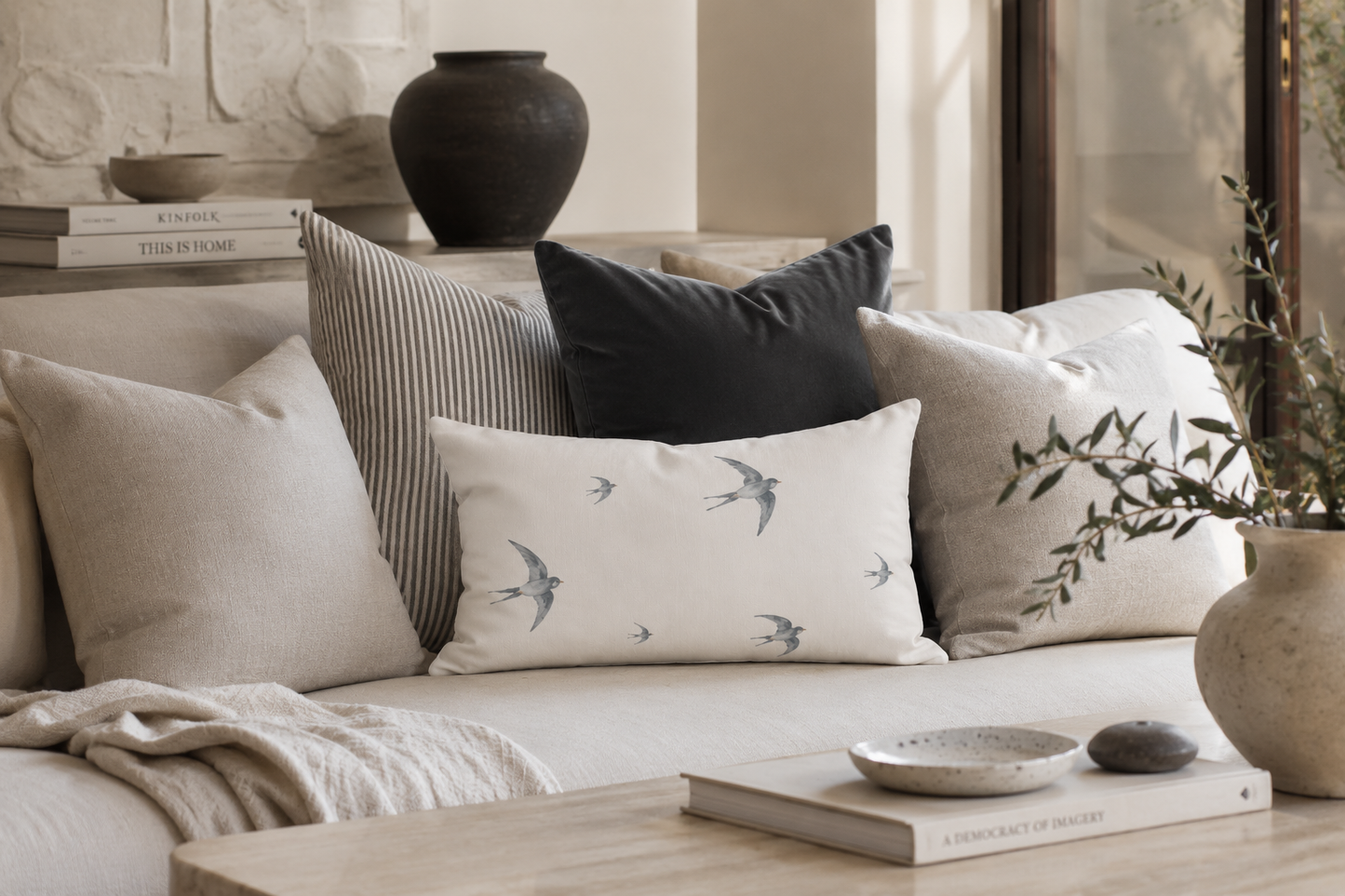 Das Schwalbenkissen von Kissenglück wird auf einem hellen Sofa mit hochwertigen Leinen- und Samtkissen kombiniert. Natürliche Materialien und sanfte Farben sorgen für eine zeitlose, skandinavische Wohnatmosphäre.