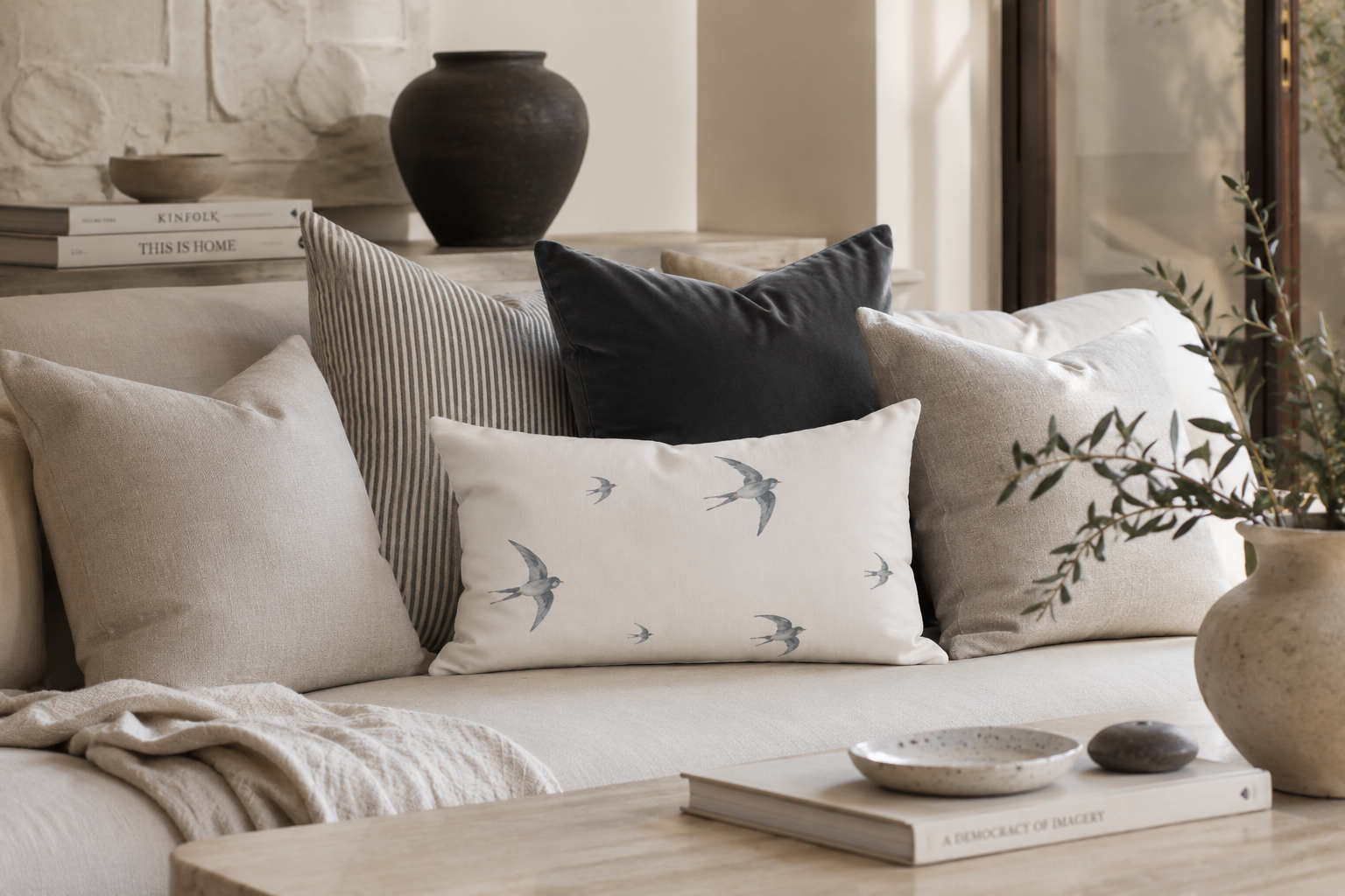 Das Schwalbenkissen von Kissenglück wird auf einem hellen Sofa mit hochwertigen Leinen- und Samtkissen kombiniert. Natürliche Materialien und sanfte Farben sorgen für eine zeitlose, skandinavische Wohnatmosphäre.