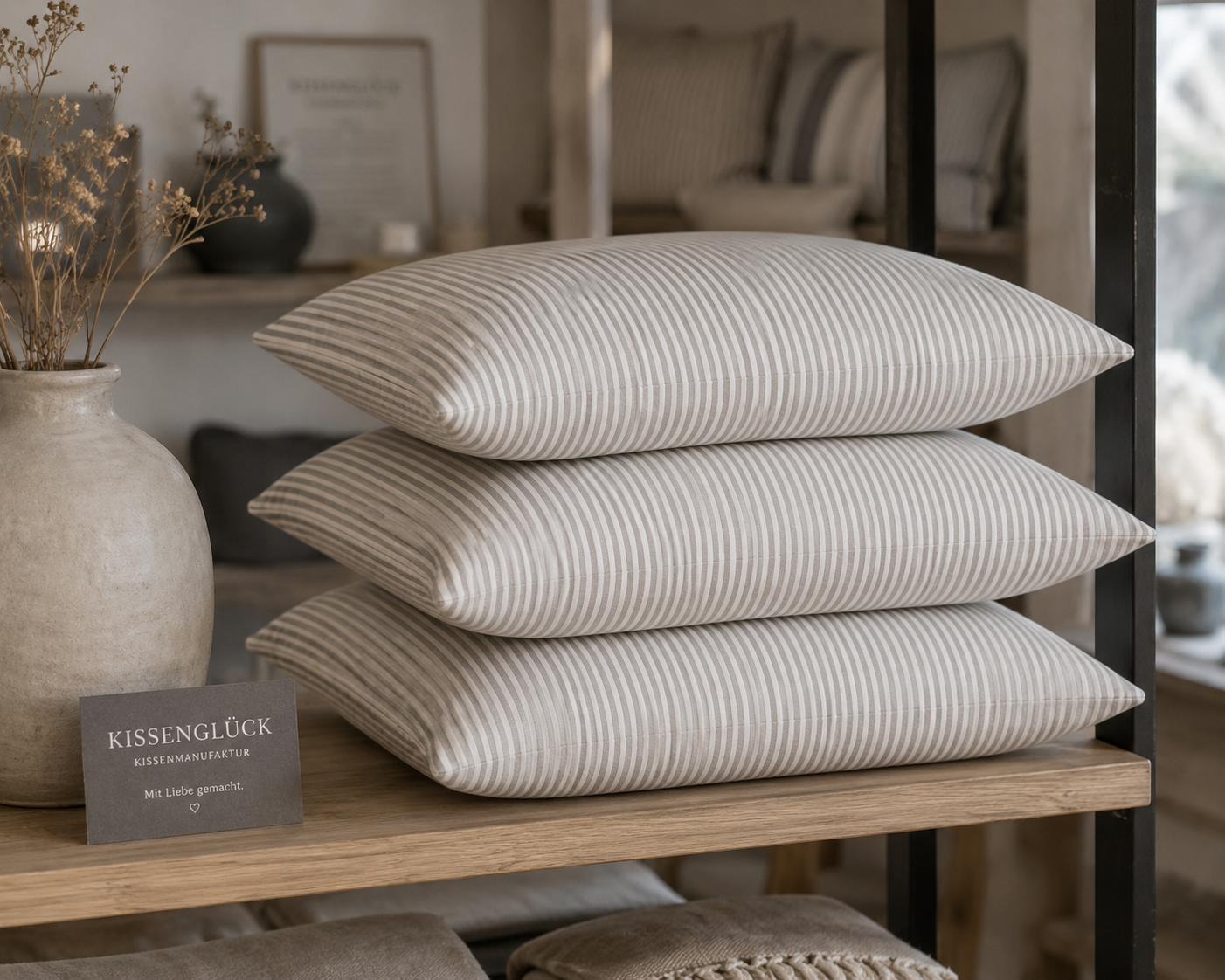 Mehrere Streifenkissen von Kissenglück in Greige und Naturweiß, hochwertig gestapelt in einem hellen Concept Store. Die feinen Streifen verleihen dem zeitlosen Design eine ruhige, skandinavische Ausstrahlung.