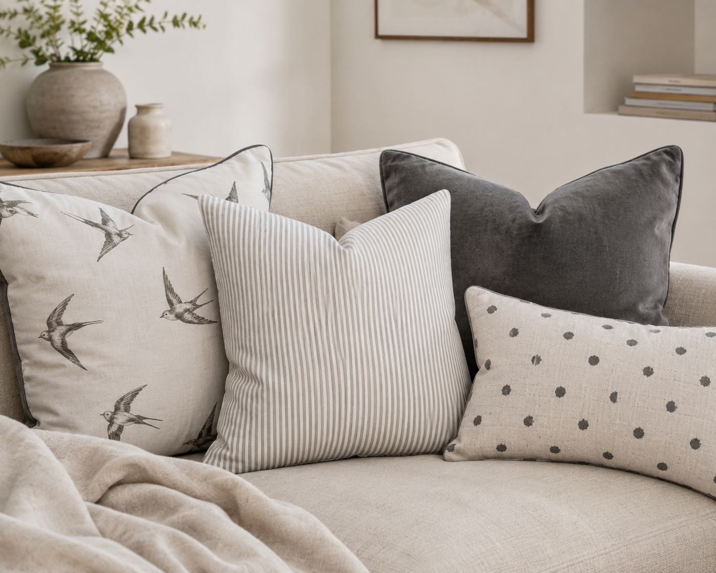 Streifenkissen von Kissenglück auf einem hellen Sofa, kombiniert mit Schwalbenkissen, graphitfarbenem Samtkissen und Dot-Kissen. Die harmonische Kissenkombination schafft eine ruhige skandinavische Wohnatmosphäre.